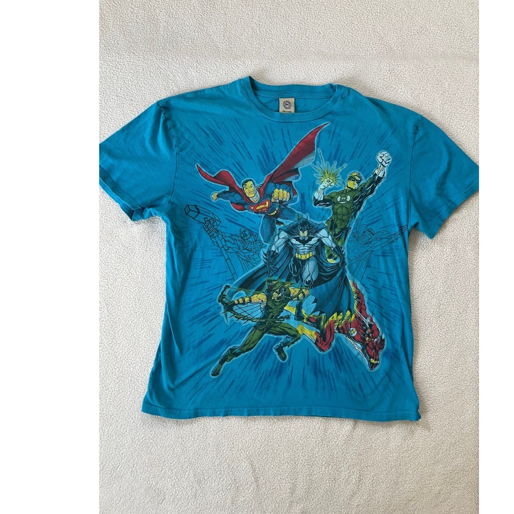DC Comics Mens Large T-Shirt Teal Justice League Graphic Superman Batman Holes